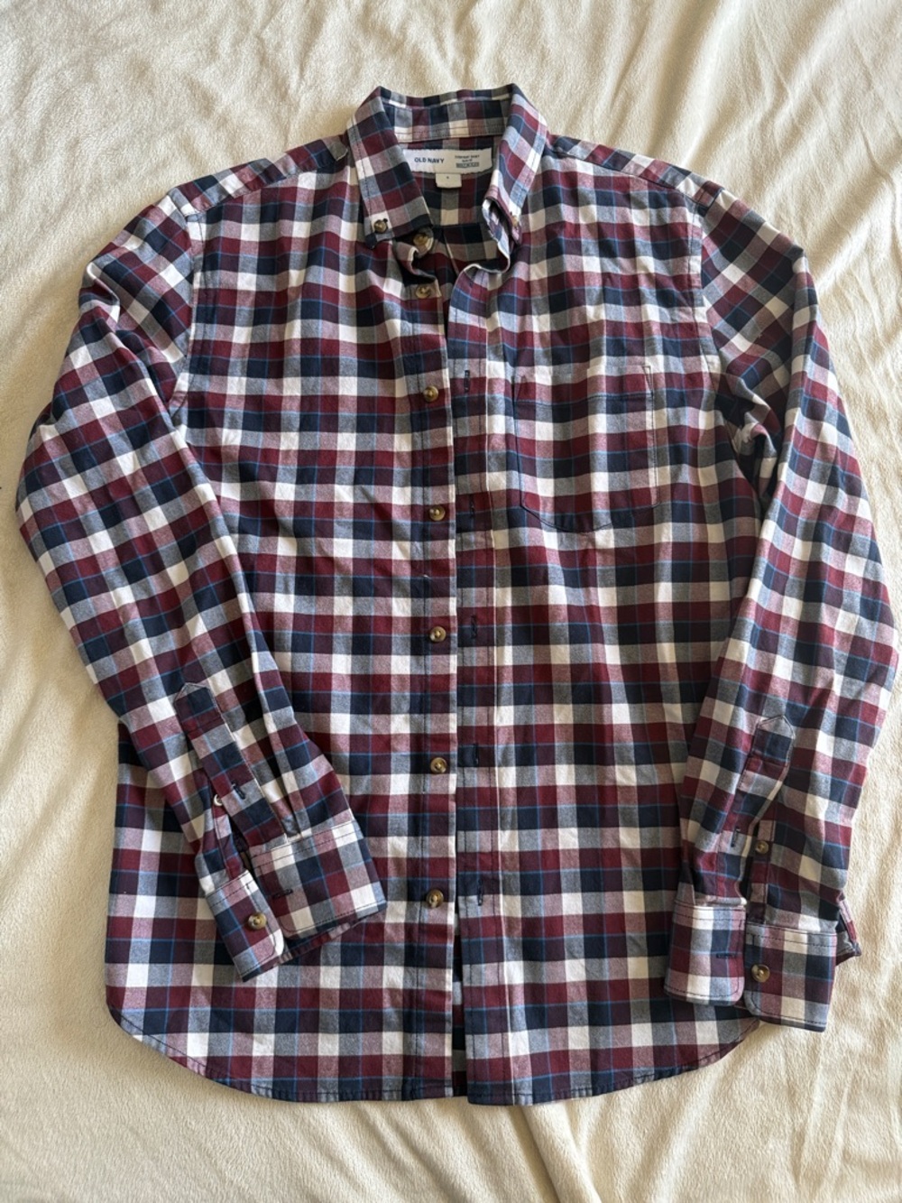 Old Navy Men's Navy and Burgundy Plaid Button-Down Shirt